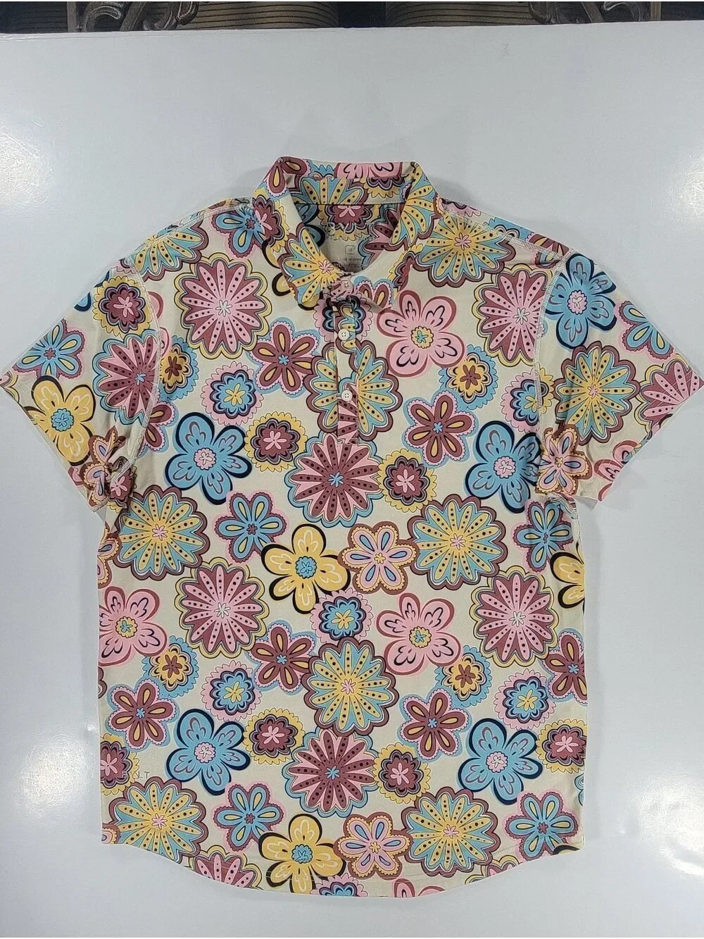 BYLT Polo Shirt Mens Medium Floral Short Sleeve Golf Colorful Retro Hippie Drop